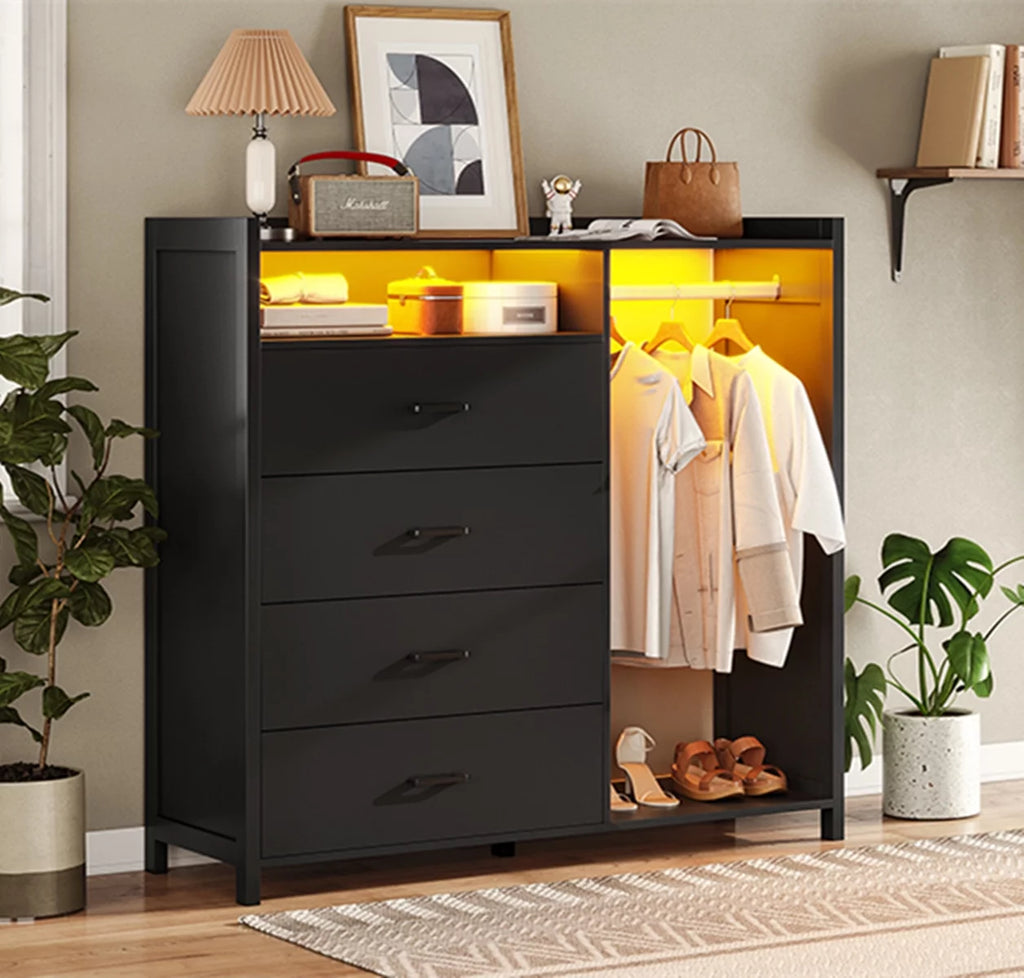 Black 4 Drawer Dresser with Clothing Rack S39763