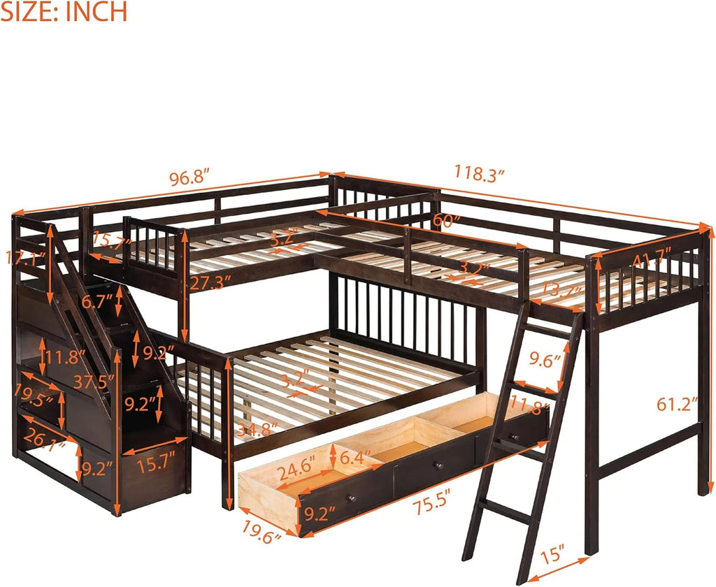 L Shaped Bunk Bed with 3 Drawers and Stairs L75581
