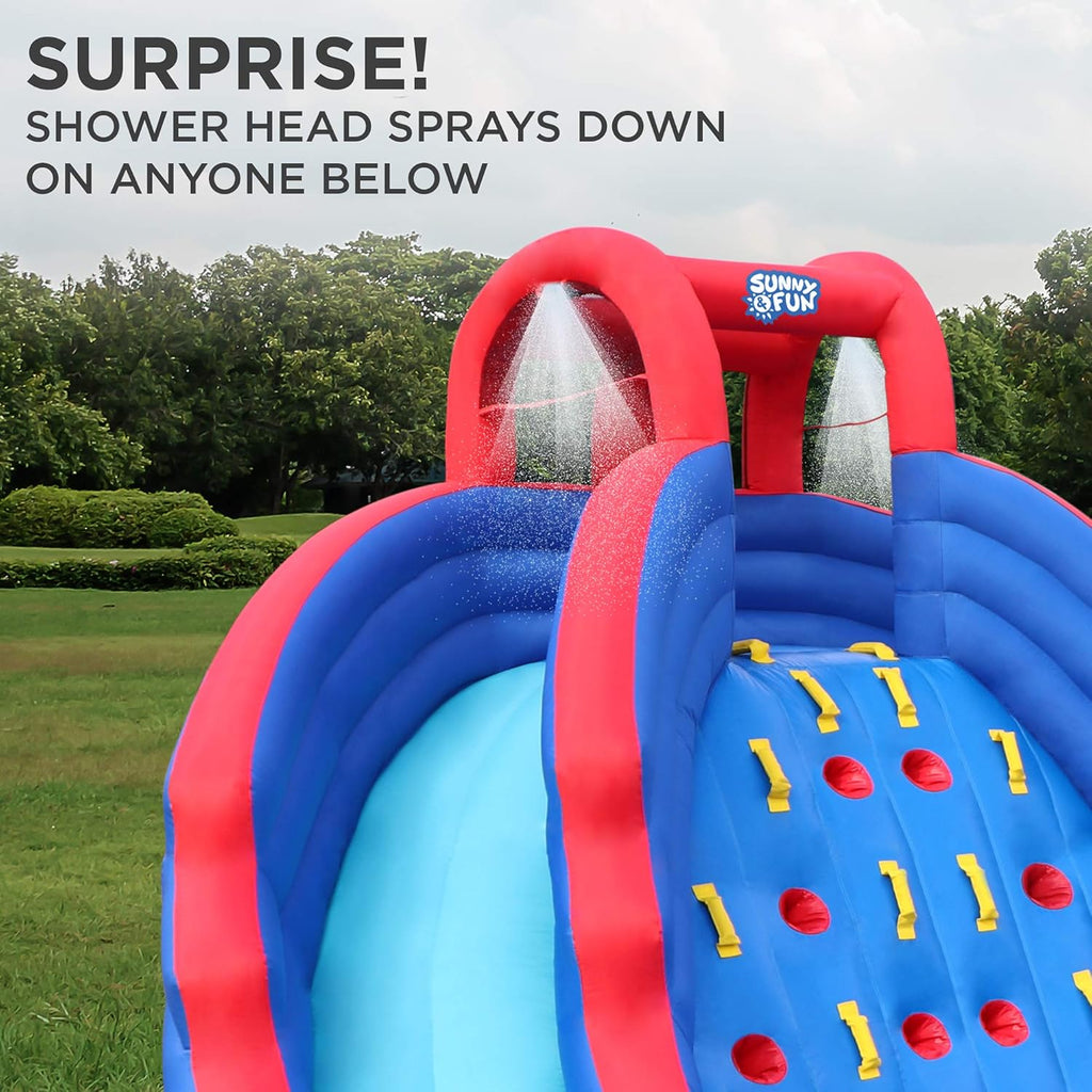Inflatable Water Slide Park with Climbing Wall, Two Slides & Splash Pool, Nylon, with Air Pump & Carrying Case S674