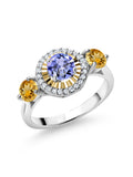 1.09 Ct Blue Tanzanite Yellow Citrine 925 Silver 10K Yellow Gold 3 Stone Ring Y3538