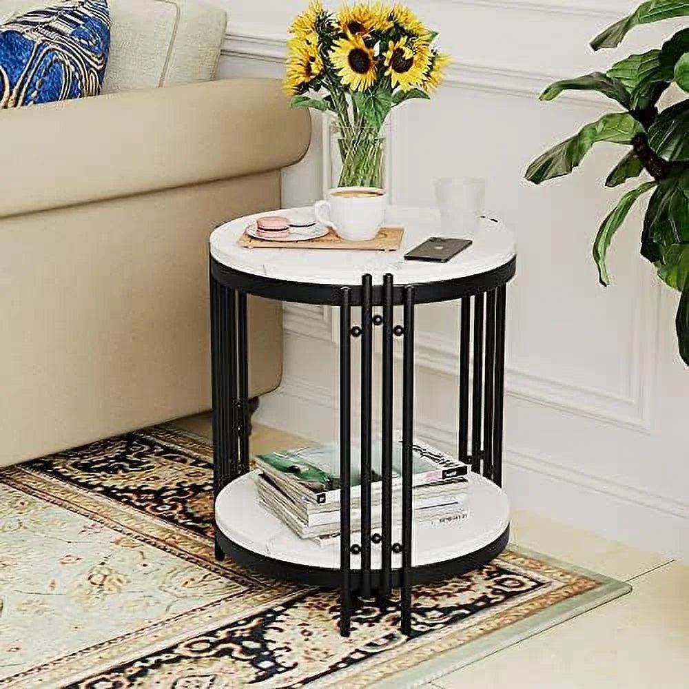 Black Faux Marble Round End Table with Storage Shelves O4702