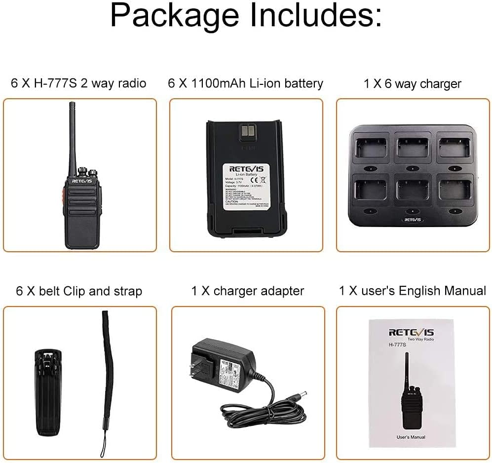 Case of 6 Portable Two Way Radios with Six-Way Multi Gang Charger D733