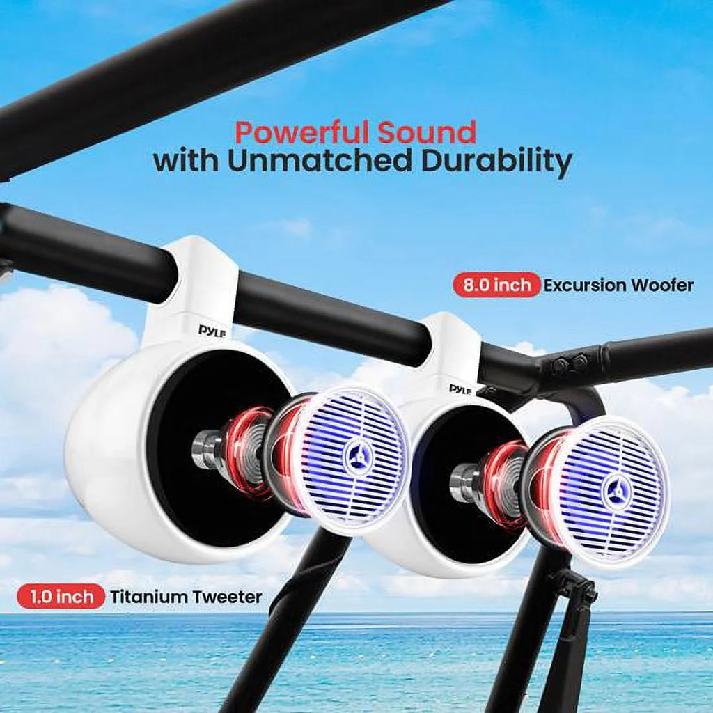 White 8” 300W 2-Way Marine Wakeboard Tower Speaker with LED Light and Brackets C204