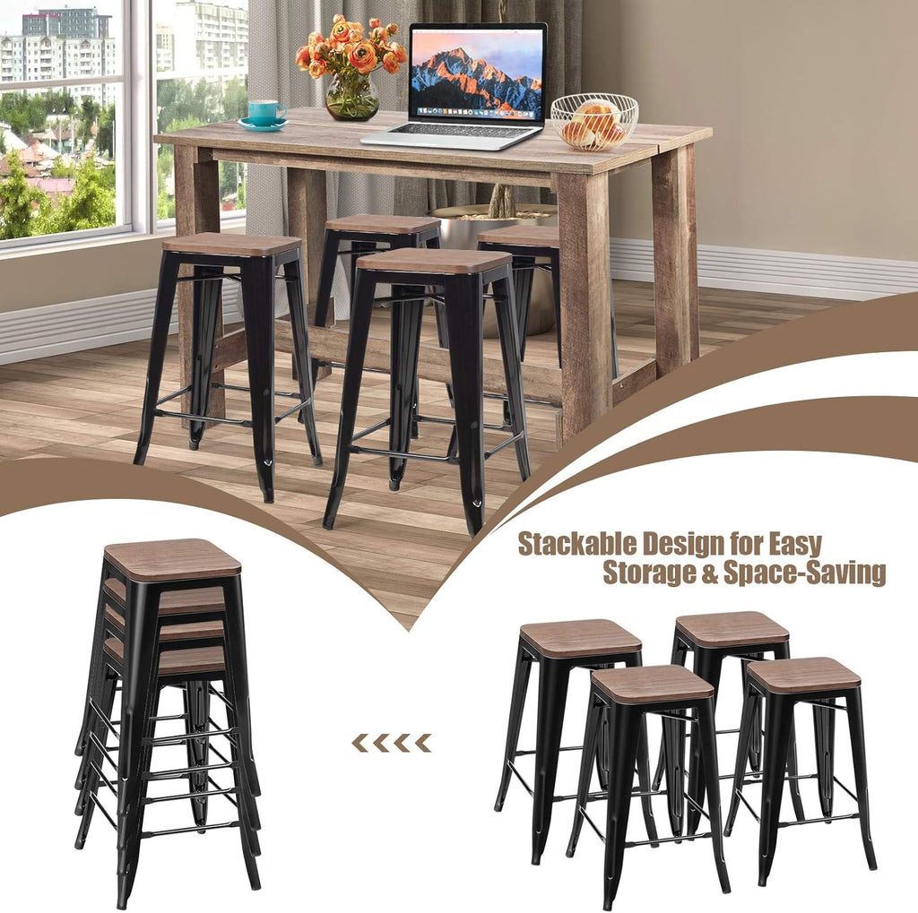 5 Pcs Industrial Counter Height Dining Table Set with 4 Metal Backless Barstools J691807