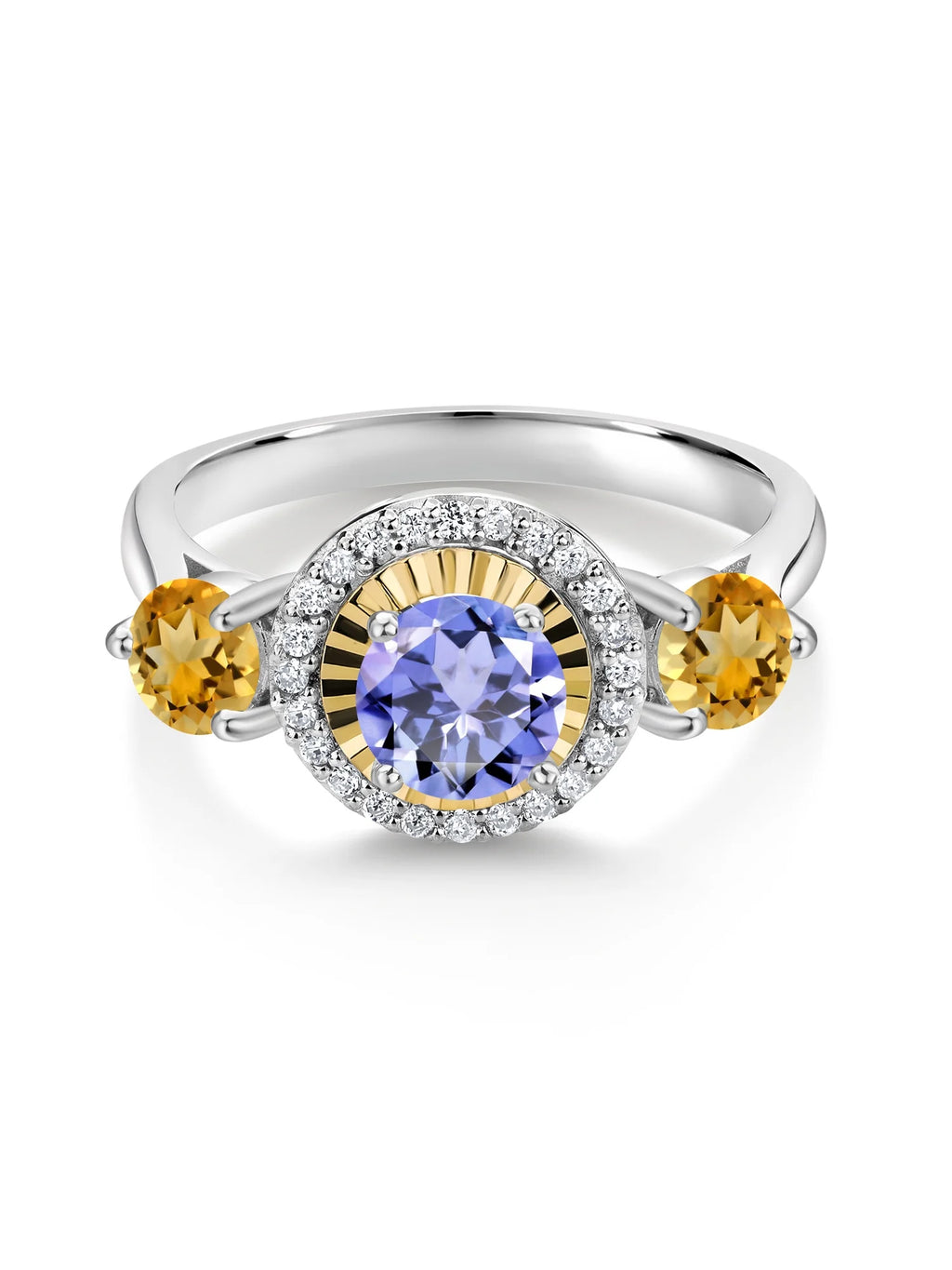 1.09 Ct Blue Tanzanite Yellow Citrine 925 Silver 10K Yellow Gold 3 Stone Ring Y3538