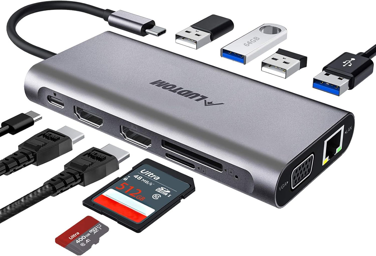 USB C Hub with 2 HDMI, VGA, PD 3.0, SD TF Card Reader, 4 USB Ports P39300