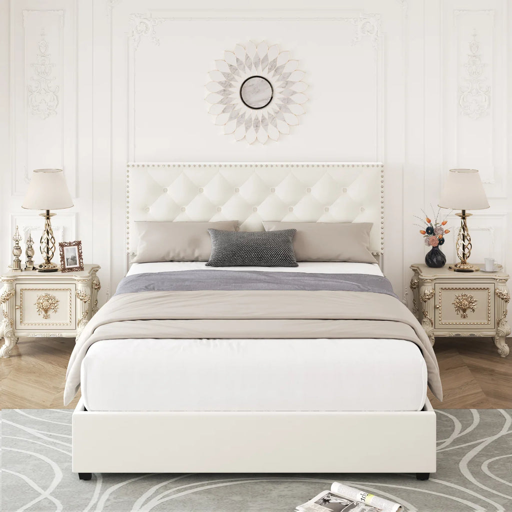 Queen Size Off-White Upholstered Storage Bed with 4 Drawers O608116