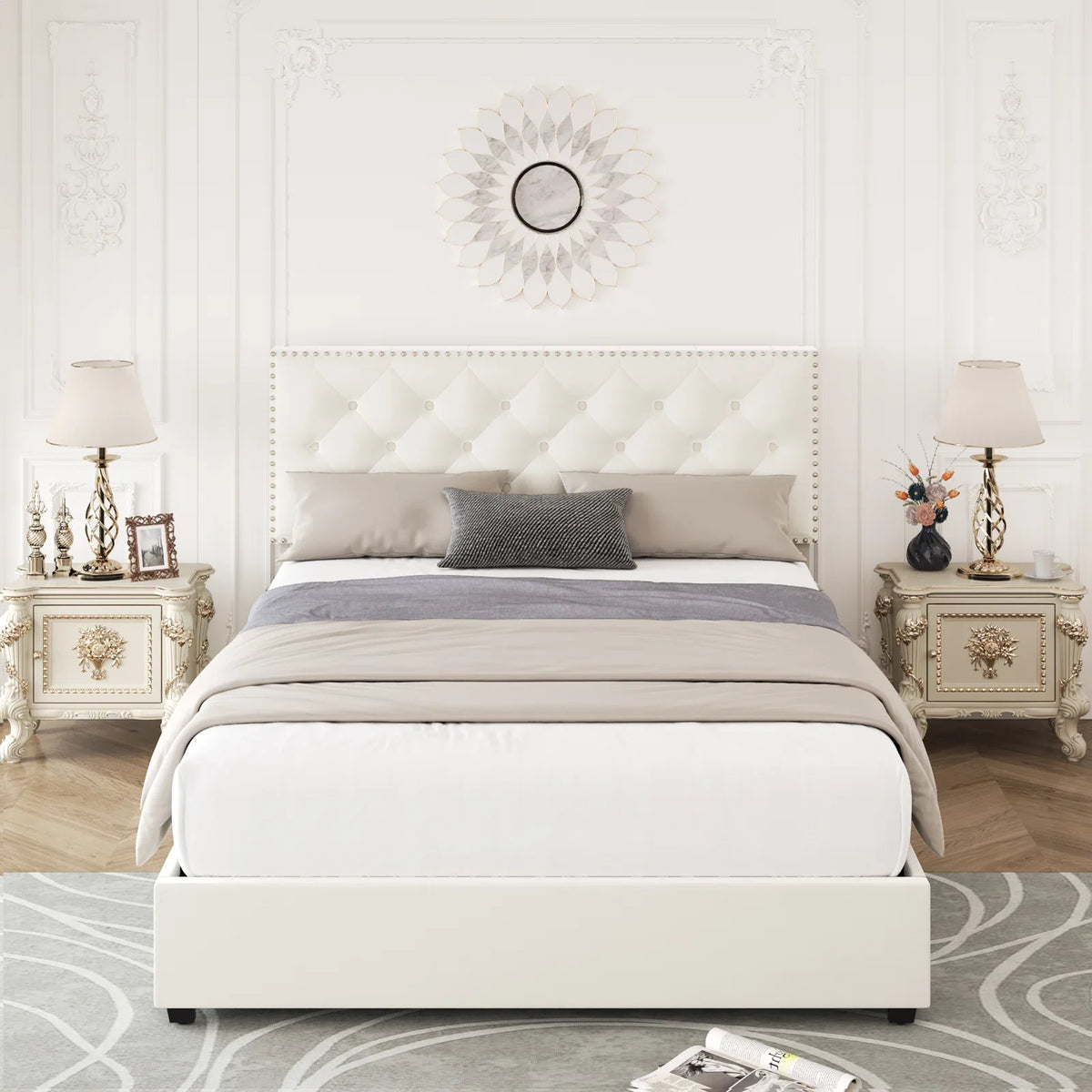 Queen Size Off-White Upholstered Storage Bed with 4 Drawers O608116