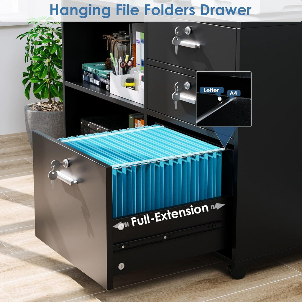 Black Wood Lateral File Cabinet with 3 Drawers and Lock T972
