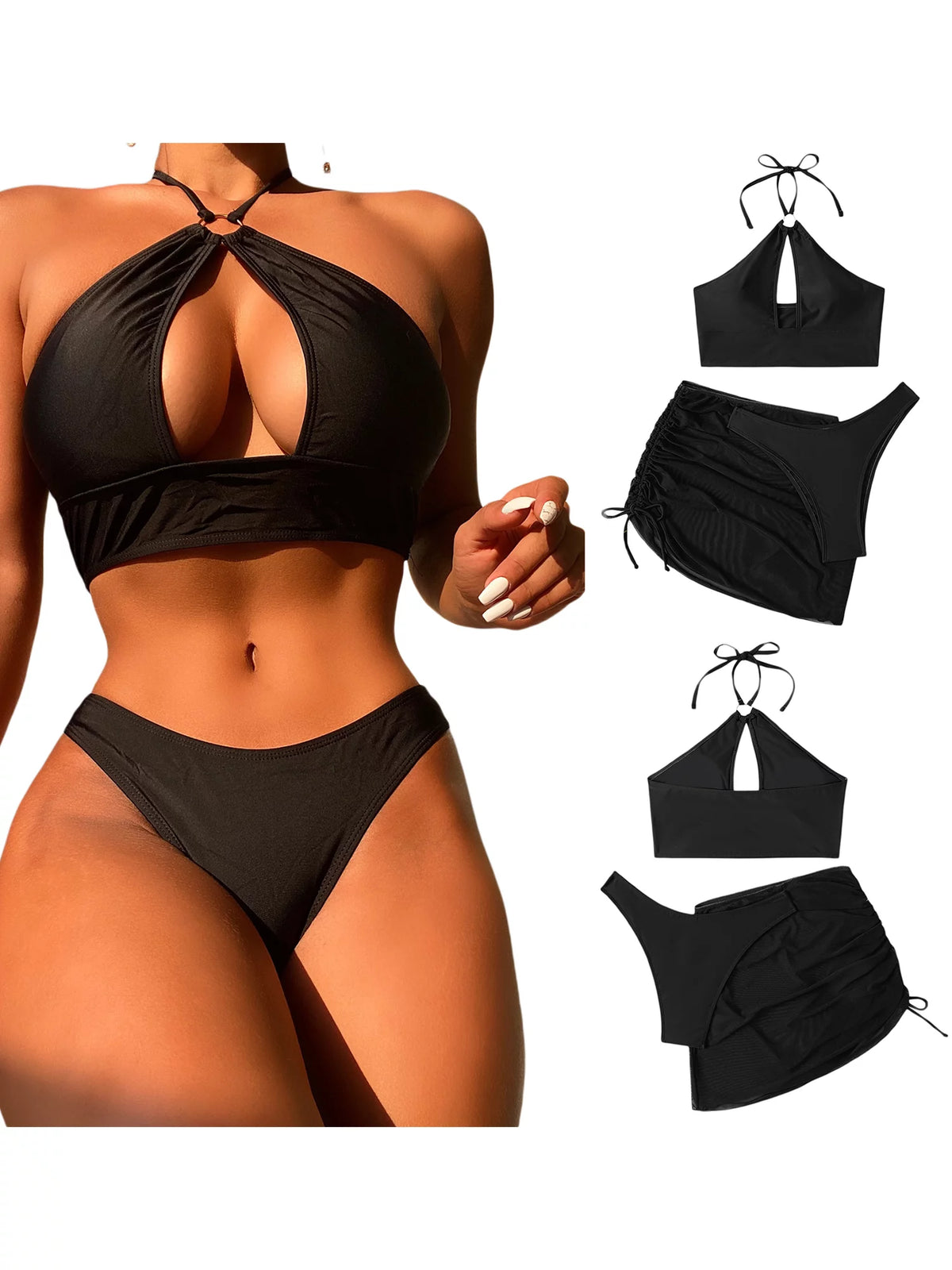 3 Pcs Bikini Set Halter Backless Tie-up Swim Bra Thong with Sarong Skirt Tie-dye Black T72472