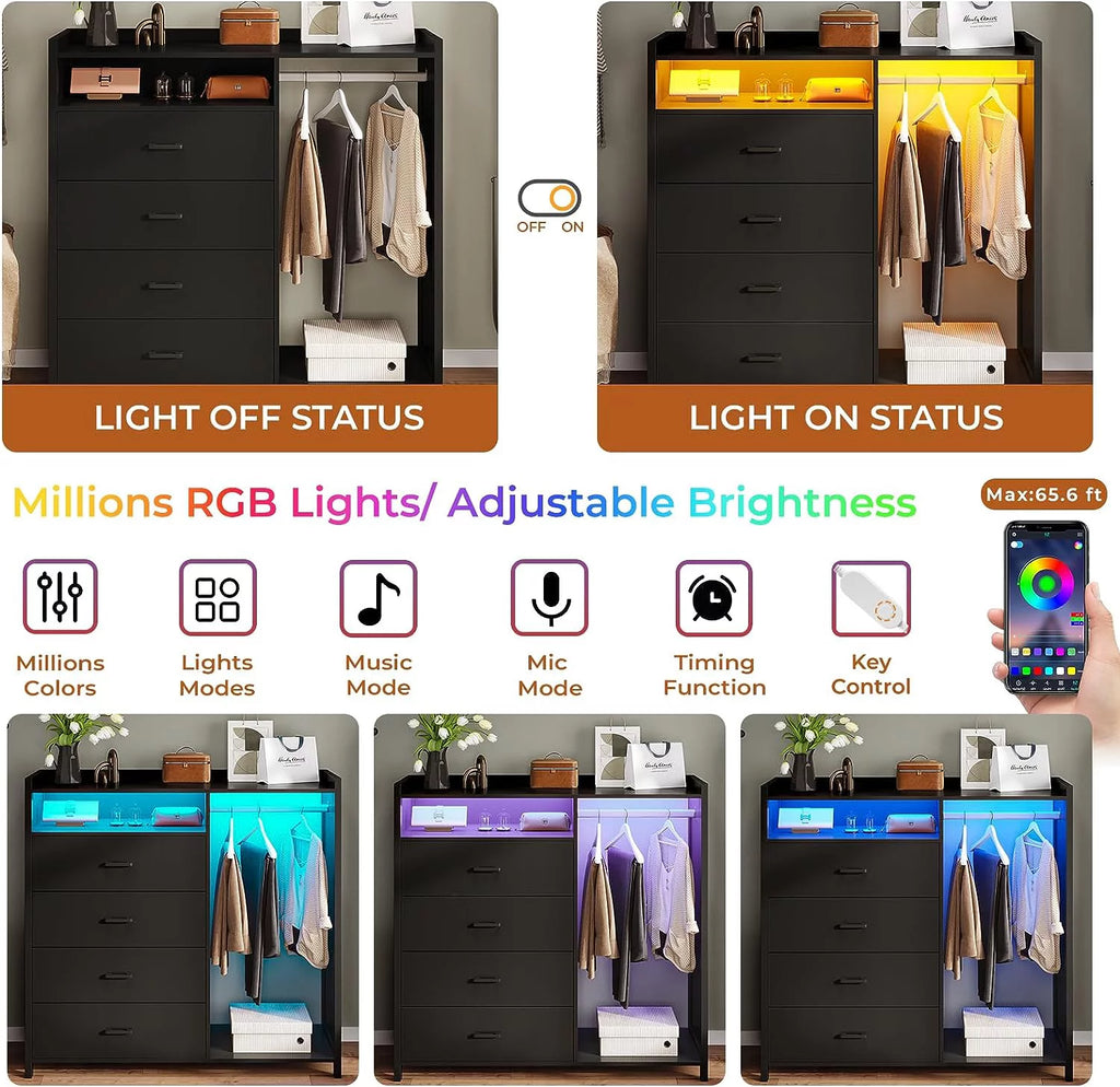 Black 4 Drawer Dresser with Clothing Rack S39763