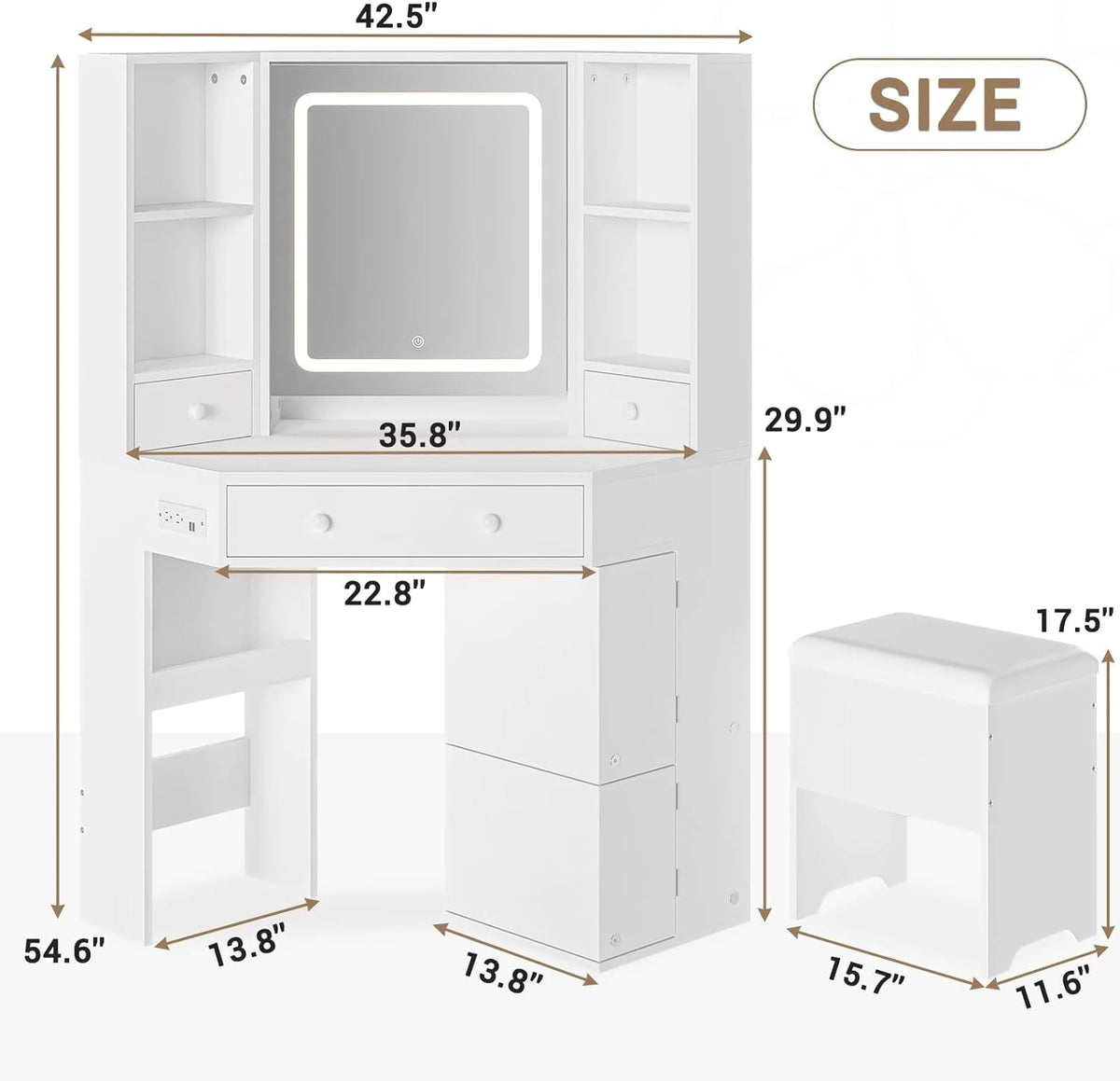 White Vanity Desk with Mirror Lights Charging Station Drawers Storage Stool Rotating Shelves A474