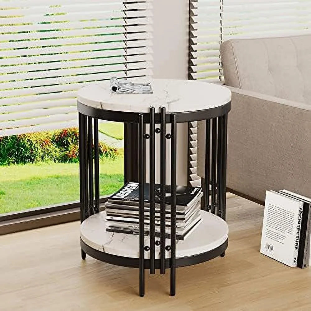 Black Faux Marble Round End Table with Storage Shelves O4702