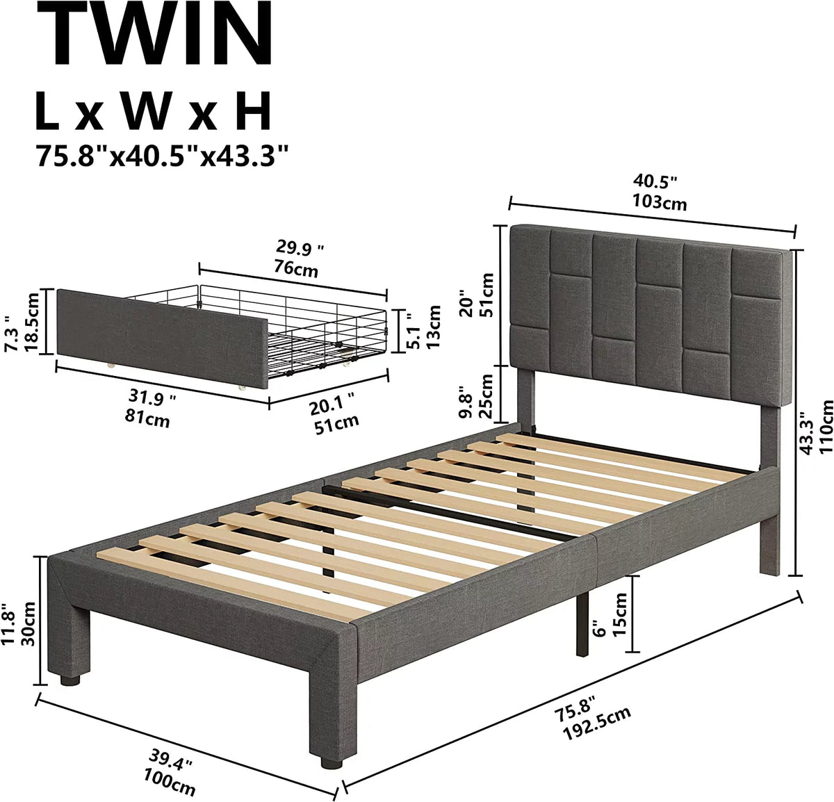 Grey Twin Bed Frame with Upholstered Headboard and Under-bed Drawer Z508