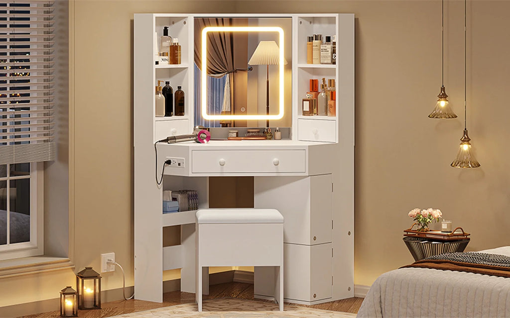 White Vanity Desk with Mirror Lights Charging Station Drawers Storage Stool Rotating Shelves A474