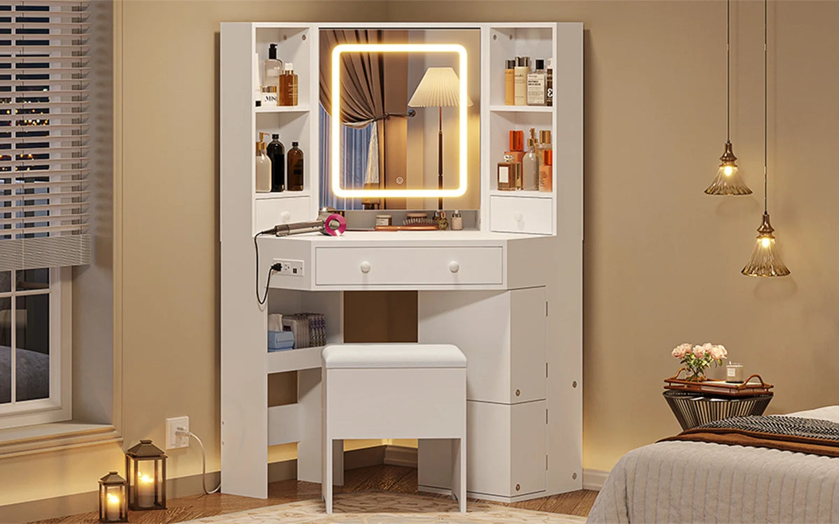 White Vanity Desk with Mirror Lights Charging Station Drawers Storage Stool Rotating Shelves A474