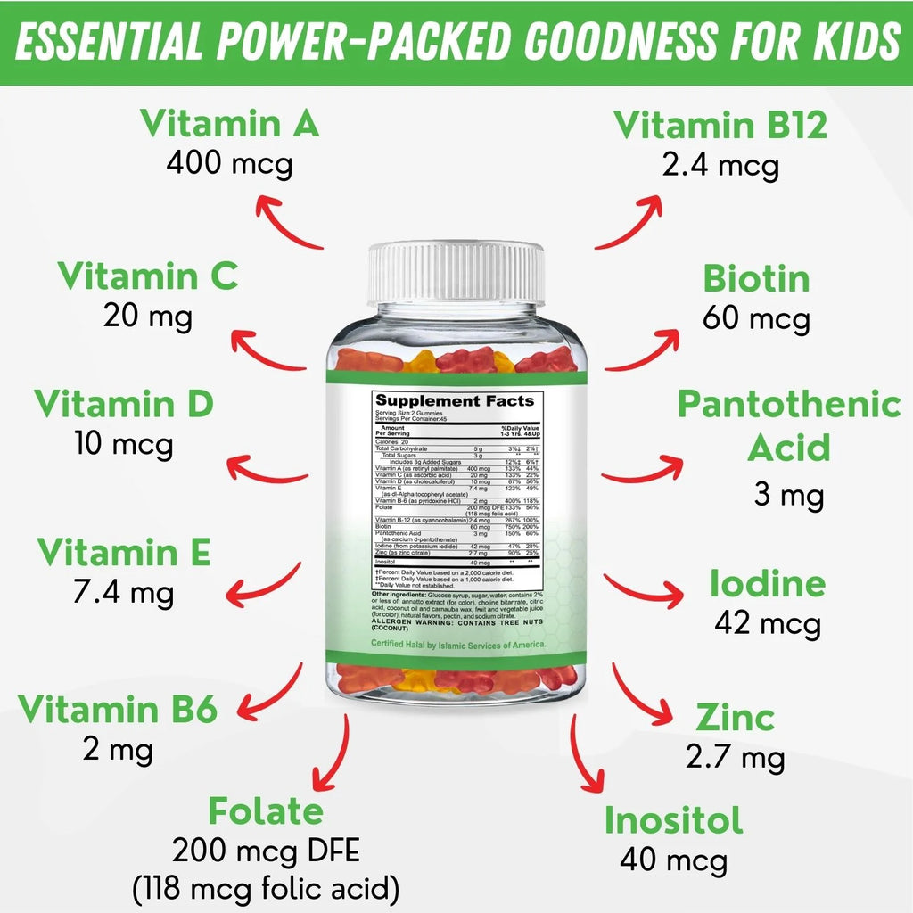Halal Gummy Vitamins for Kids 90 Gummies Vegetarian Gluten Gelatin Peanut Dairy Free E94291