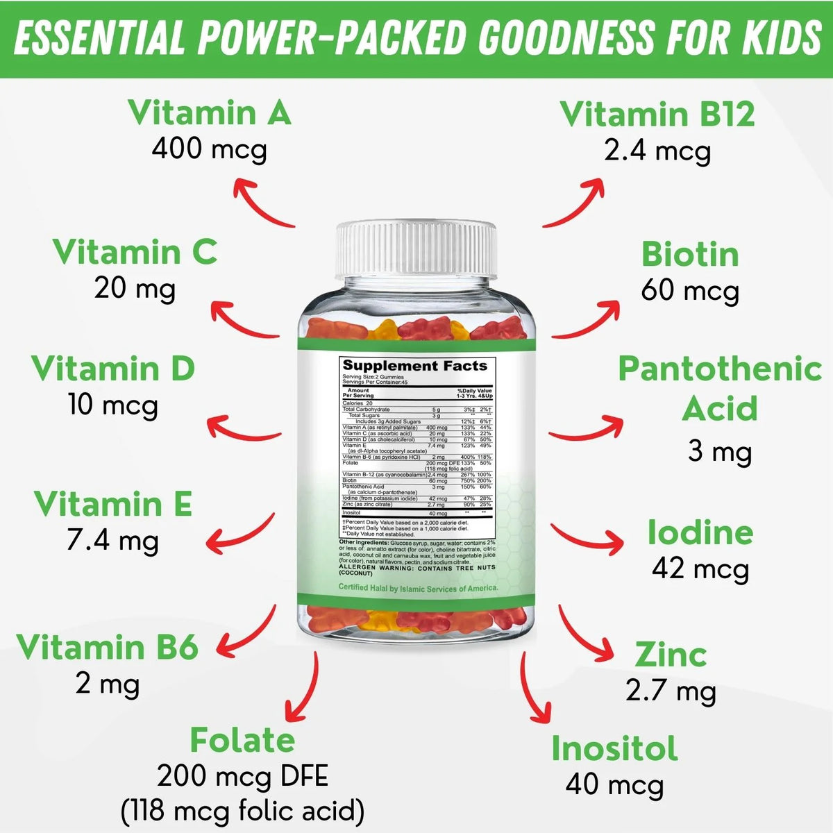 Halal Gummy Vitamins for Kids 90 Gummies Vegetarian Gluten Gelatin Peanut Dairy Free E94291