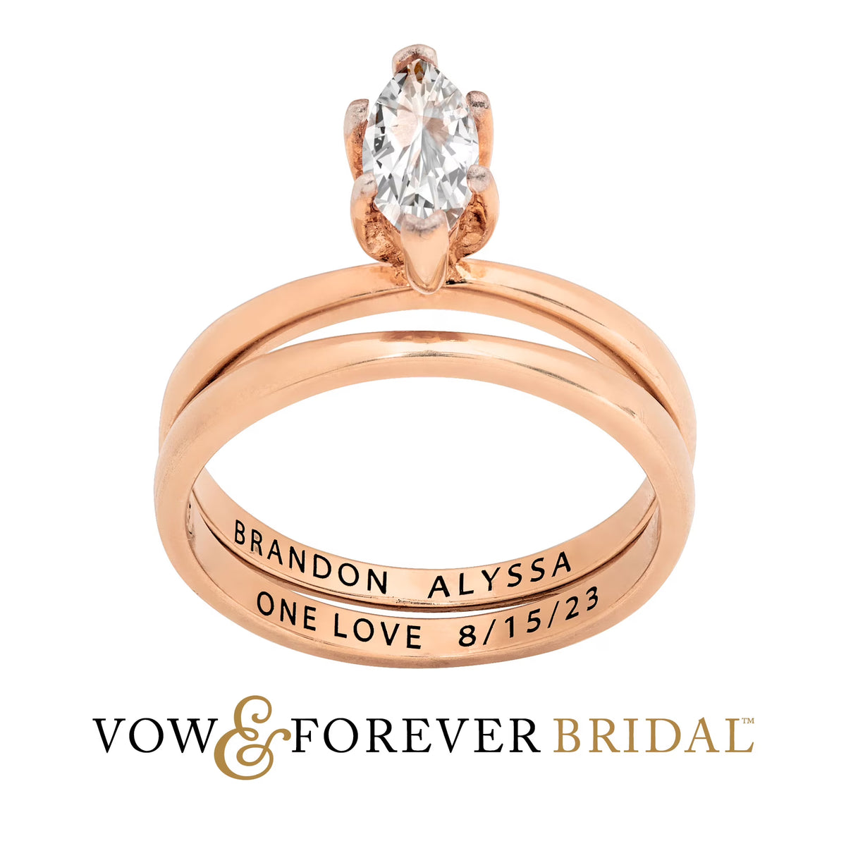 14K Rose Gold over Sterling Silver Marquise White Topaz 2-Piece Wedding Ring Set F412
