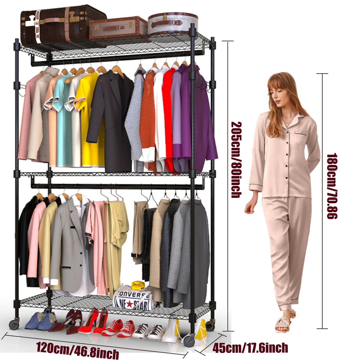 3 Tiers Heavy Duty Rolling Garment Rack with 2 Rods B95363
