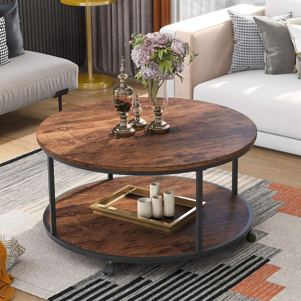 Rustic Style Round Coffee Table with Casters Brown O668