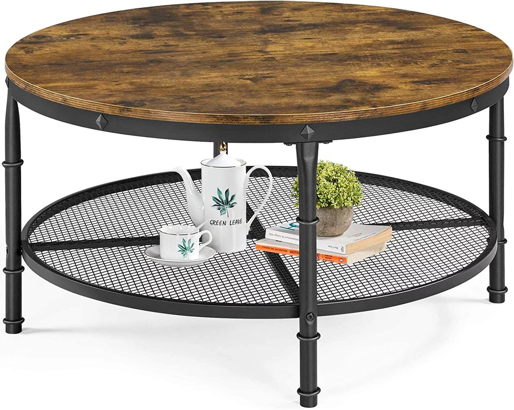 35.5 inch 2-Tier Rustic Wood Coffee Table with Metal Frame H28031