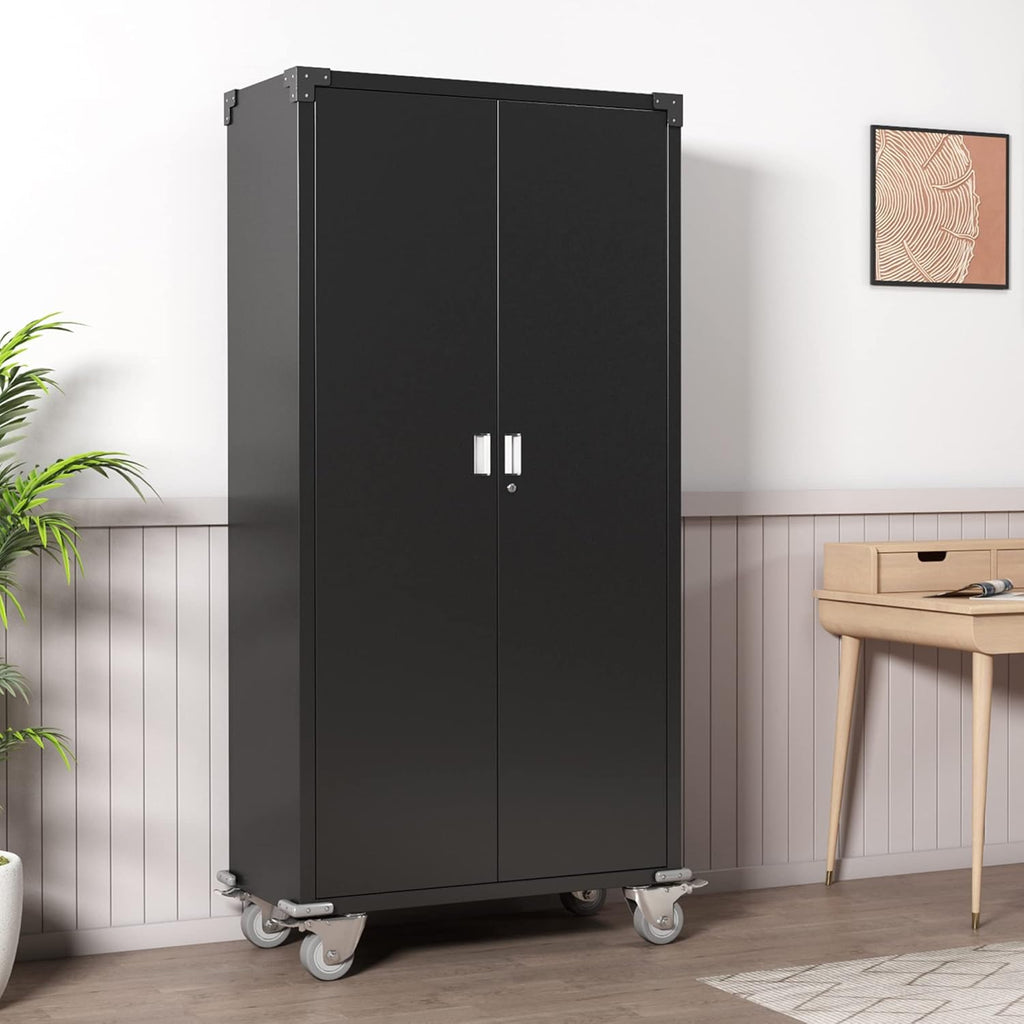 Metal Rolling Storage Cabinet with Wheels, 72'' Utility Storage Files Cabinet with Height Adjustable Shelves, Steel Tall Cabinet U41578