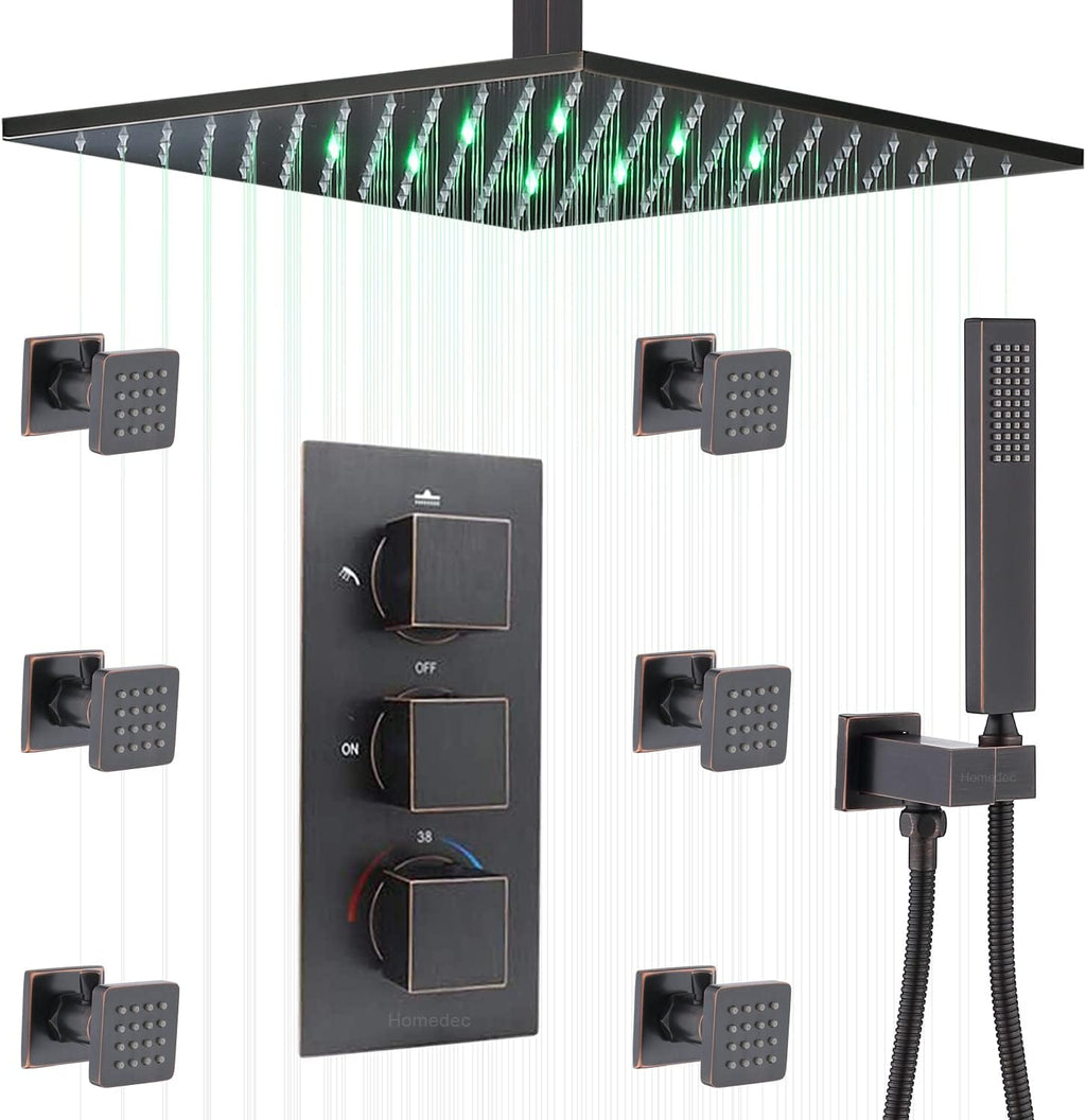 Black 12 Inch LED Rainfall Shower Head with 6 Body Sprays and Handshower Combo Set W7665