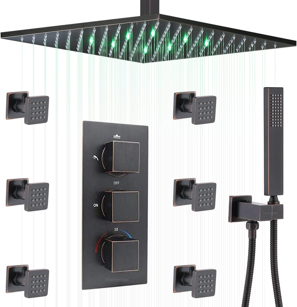 Black 12 Inch LED Rainfall Shower Head with 6 Body Sprays and Handshower Combo Set W7665