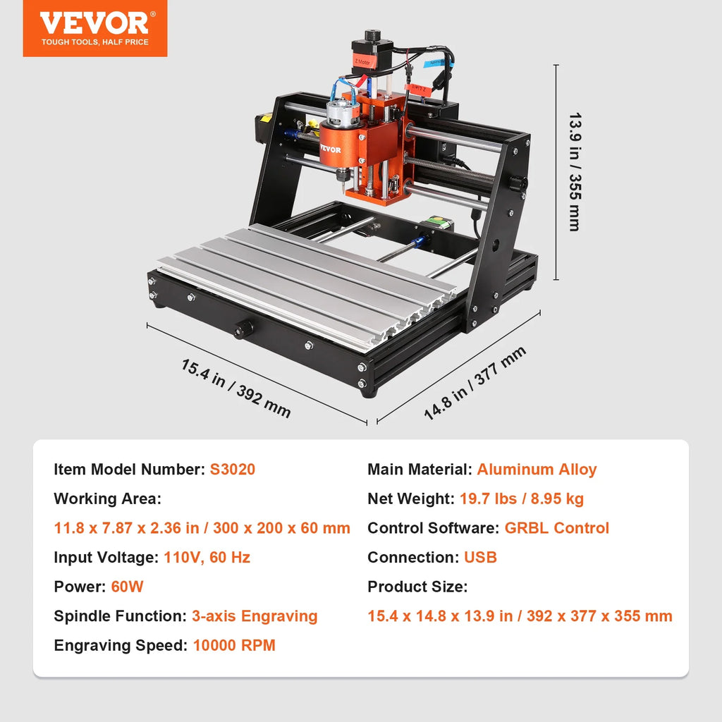 CNC Router Machine, 60W, 3 Axis, 11.8 x 7.87 x 2.36 in Working Area S5682