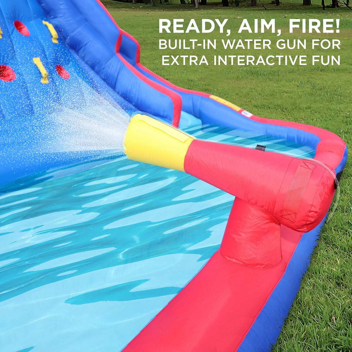 Inflatable Water Slide Park with Climbing Wall, Two Slides & Splash Pool, Nylon, with Air Pump & Carrying Case S674