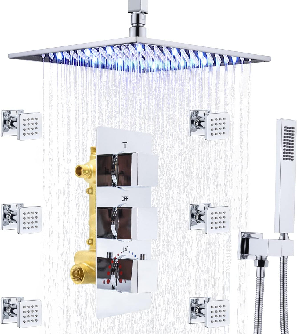Black 12 Inch LED Rainfall Shower Head with 6 Body Sprays and Handshower Combo Set W7665