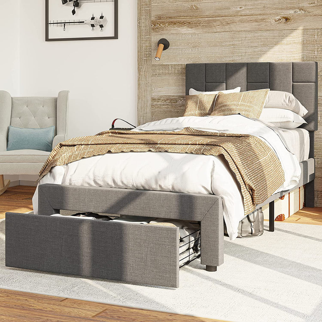 Grey Twin Bed Frame with Upholstered Headboard and Under-bed Drawer Z508
