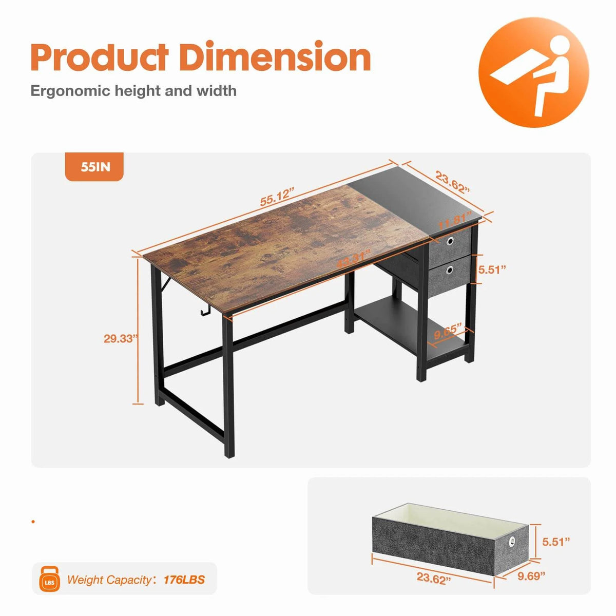 Black Rustic 55In Writing Desk with 2-Tier Drawers A6327