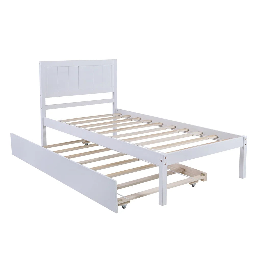 White Twin Platform Bed with Trundle, Solid Wood Bed Frame with Headboard P42780