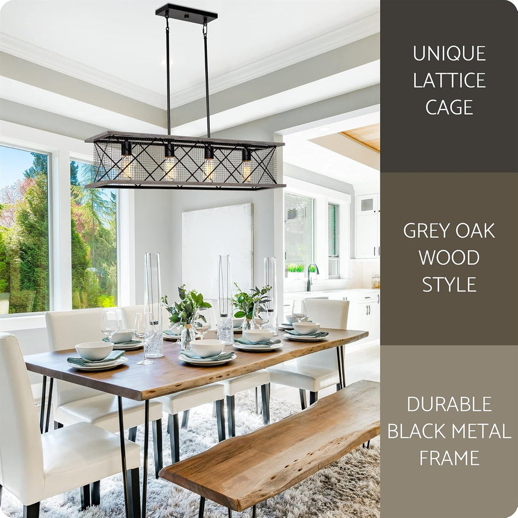 Gray Oak Wood Style Black Finish 4-Light Kitchen Island Light P52673