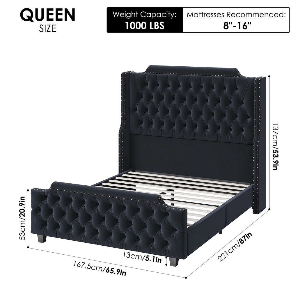 Queen Size Velvet Button Tufted Upholstered Bed with Headboard and Footboard M226073