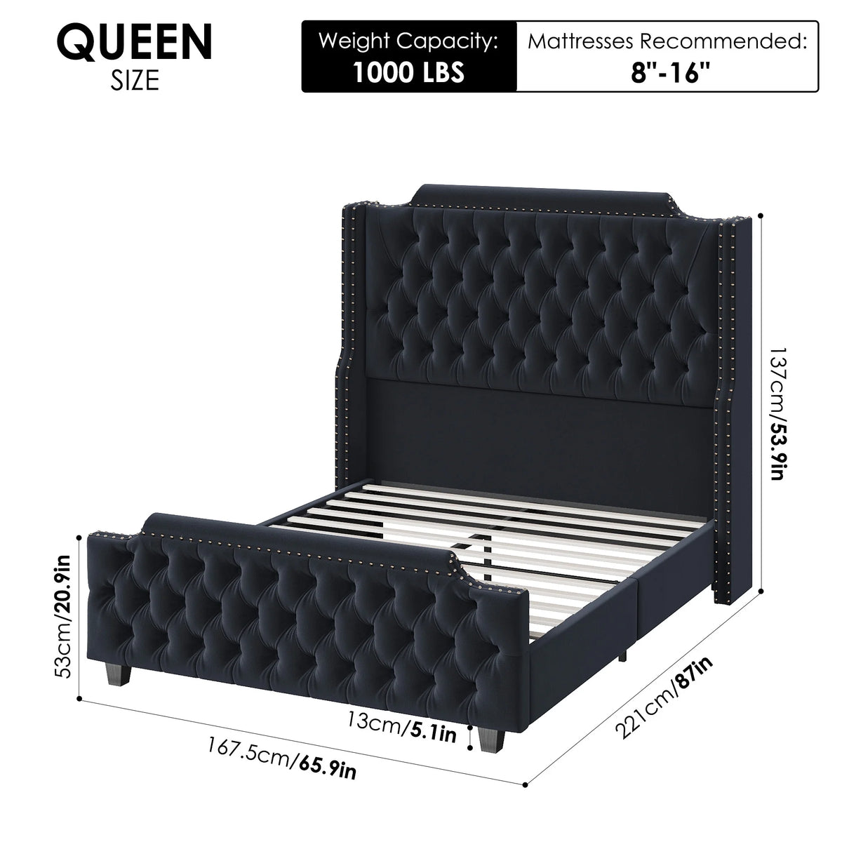 Queen Size Velvet Button Tufted Upholstered Bed with Headboard and Footboard M226073