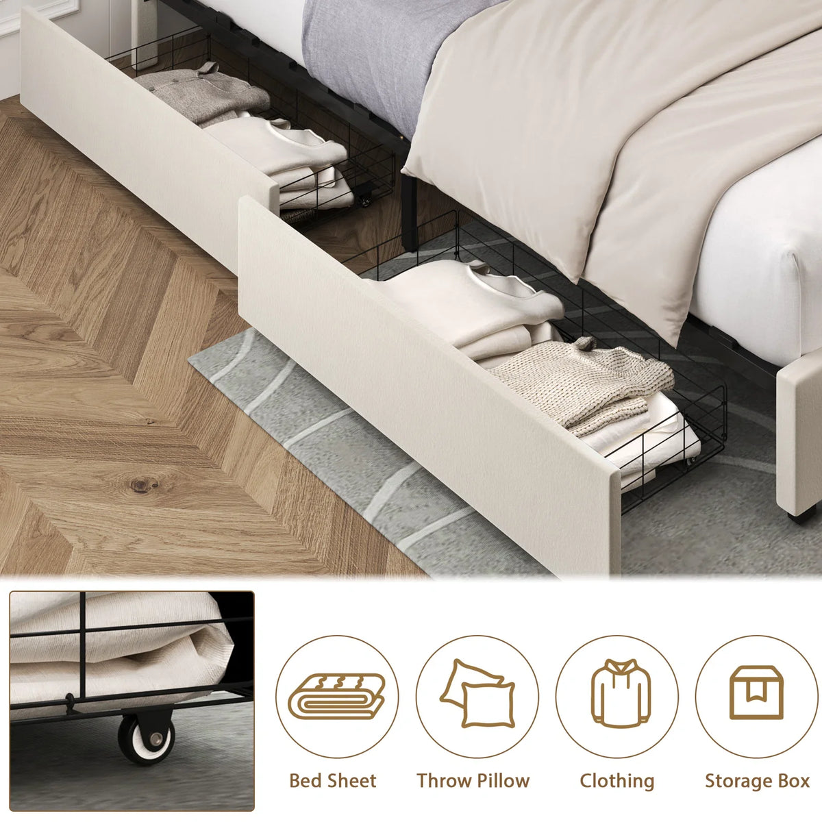 Queen Size Off-White Upholstered Storage Bed with 4 Drawers O608116