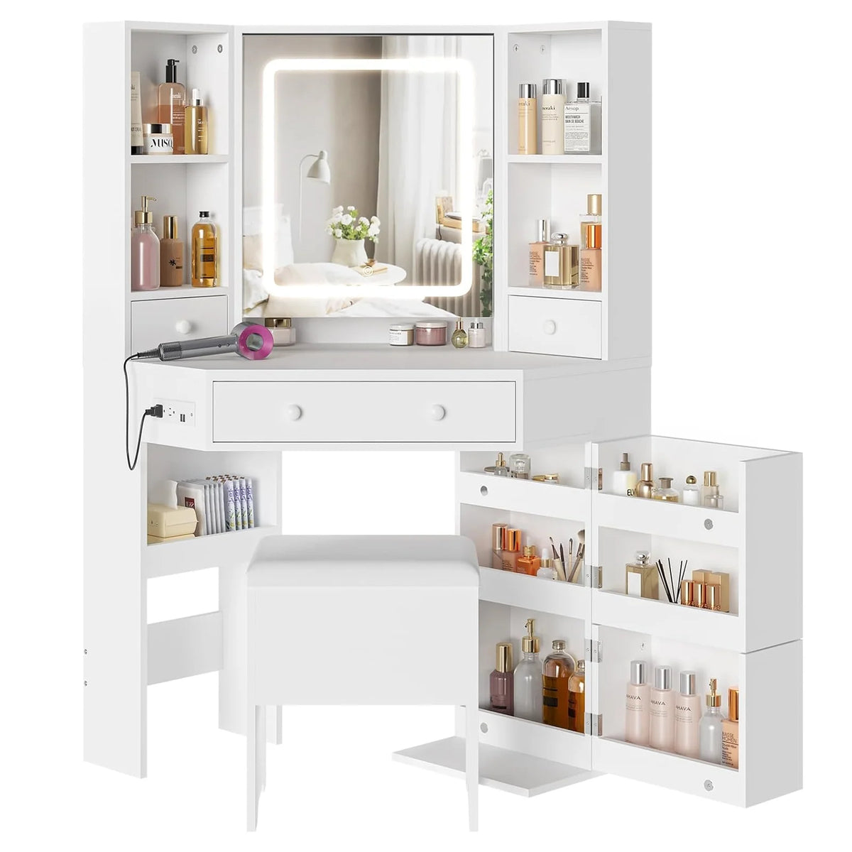 White Vanity Desk with Mirror Lights Charging Station Drawers Storage Stool Rotating Shelves A474