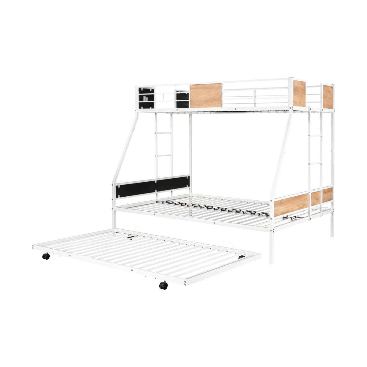 Twin Over Twin Full Metal Bunk Bed Frames with Trundle & Two-Side Ladders M4019