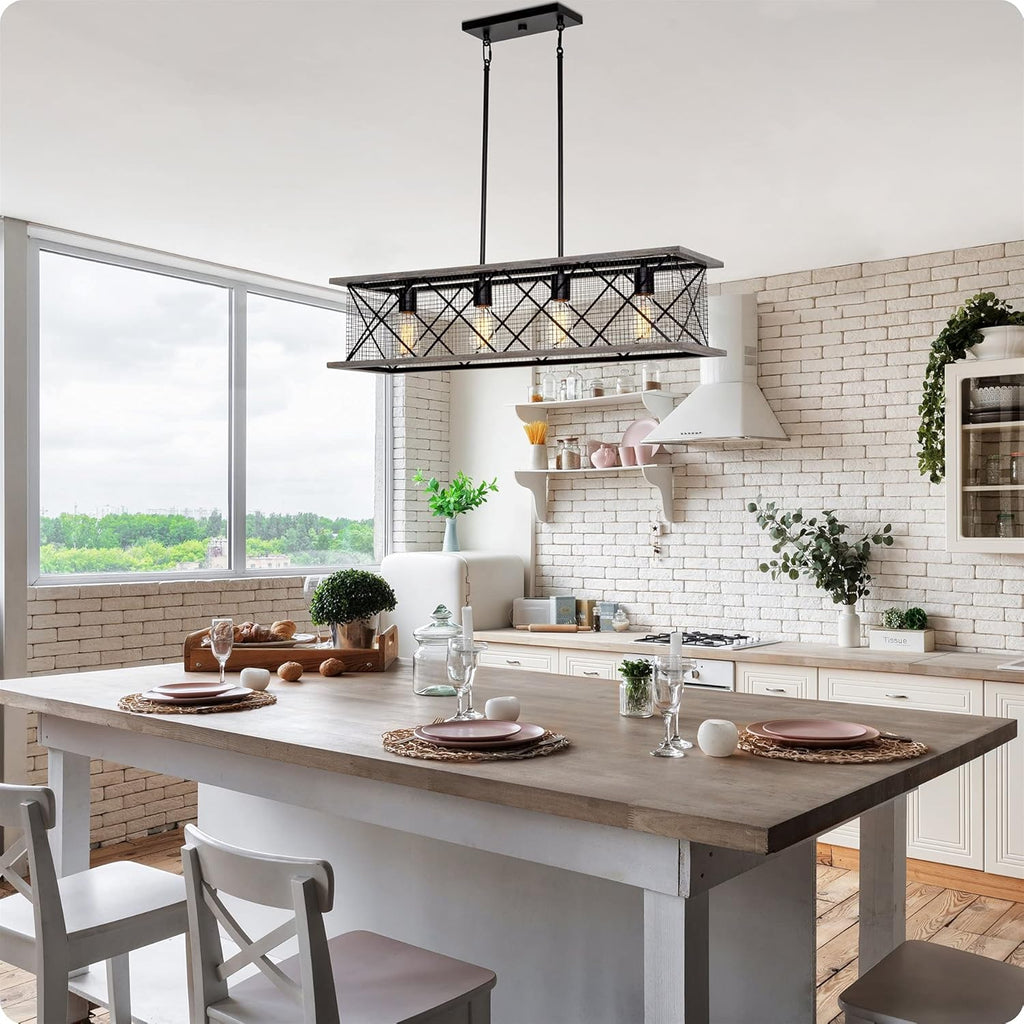 Gray Oak Wood Style Black Finish 4-Light Kitchen Island Light P52673