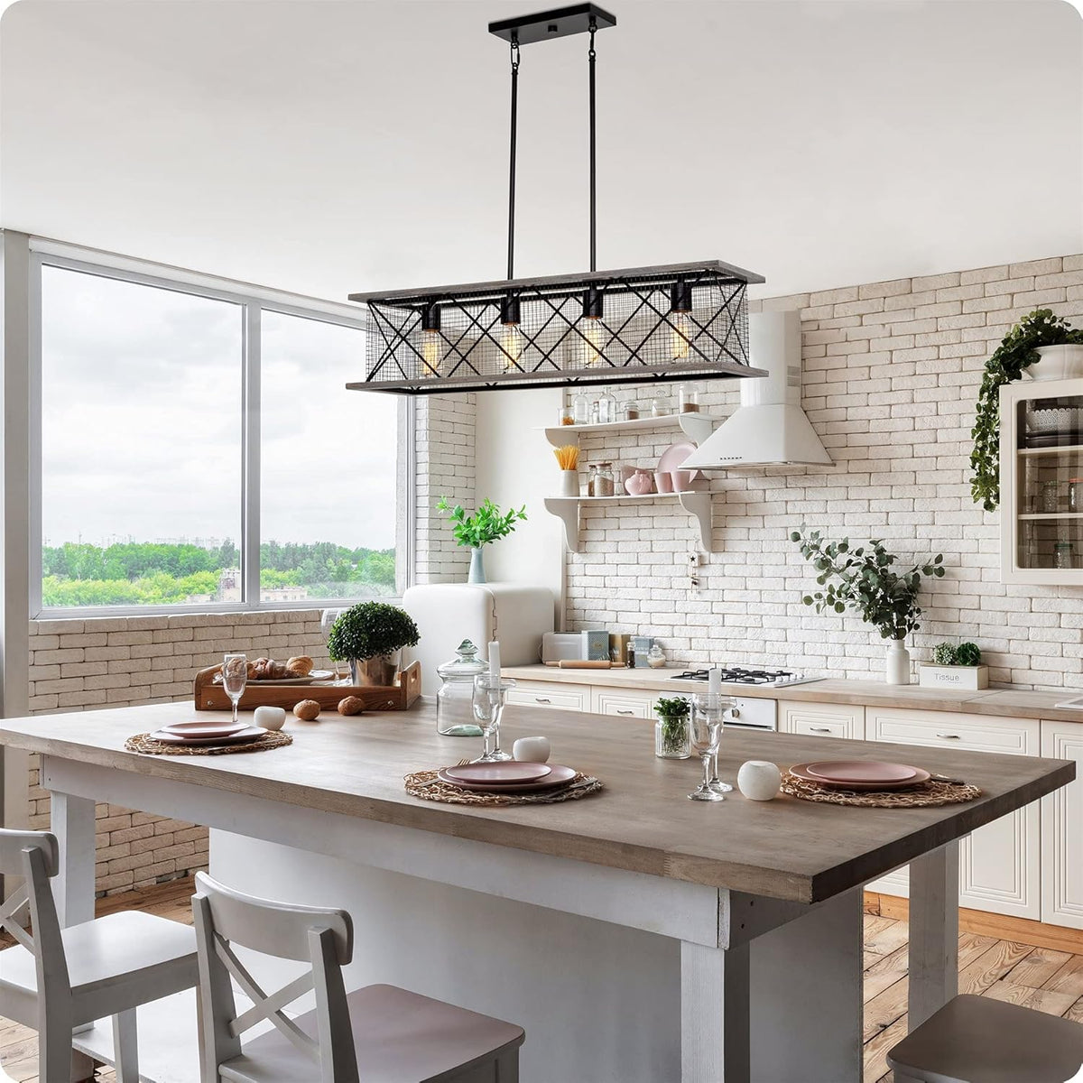 Gray Oak Wood Style Black Finish 4-Light Kitchen Island Light P52673