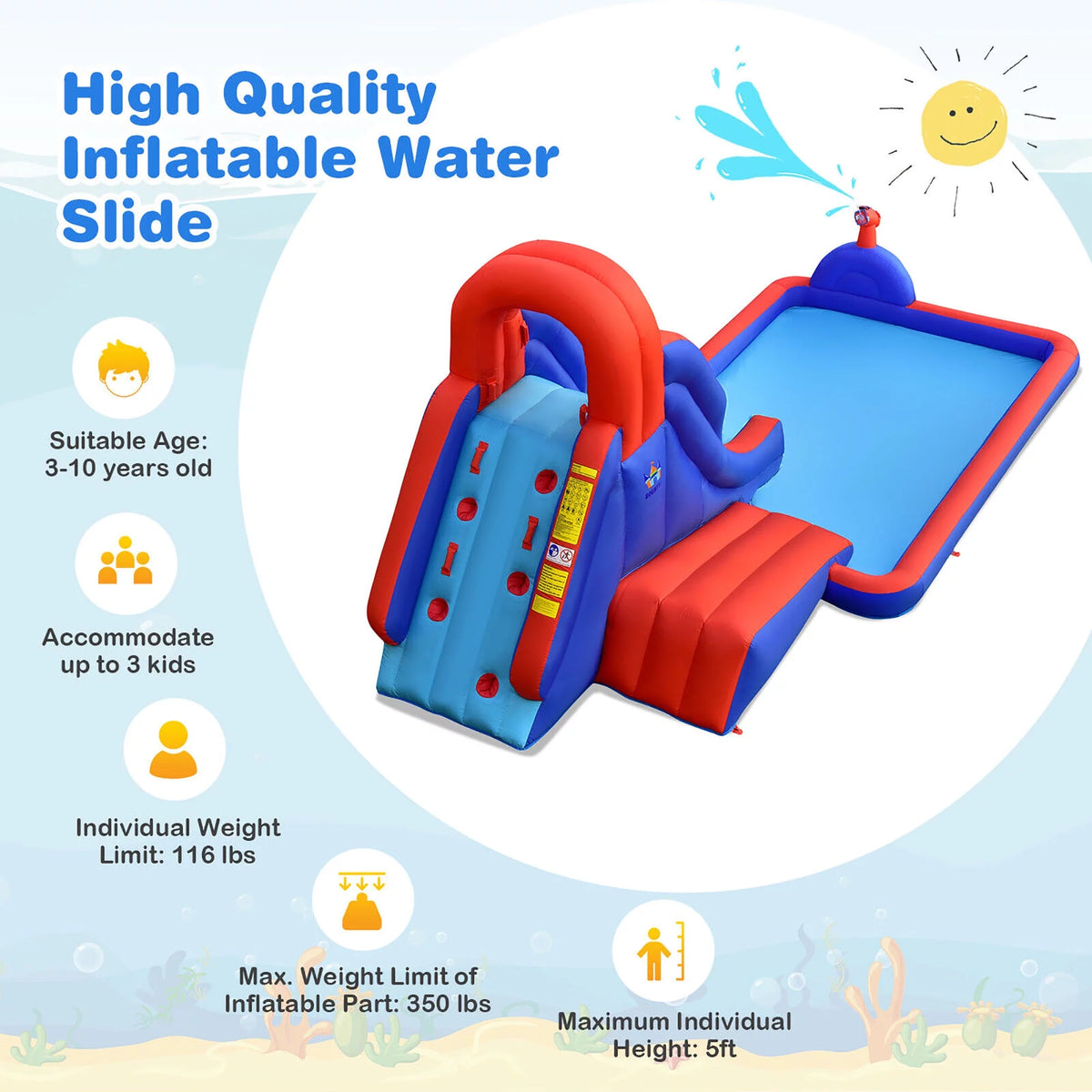 Inflatable Water Slide Park with Climb Slide Pool & 2 Swim Rings U312170