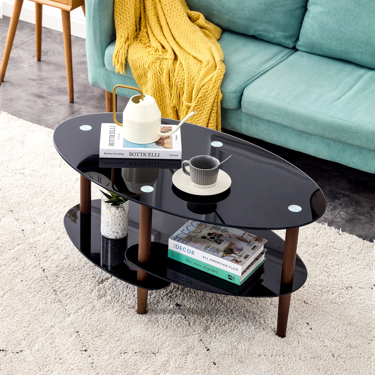 Black Oval Glass Coffee Table with Oak Legs G243387