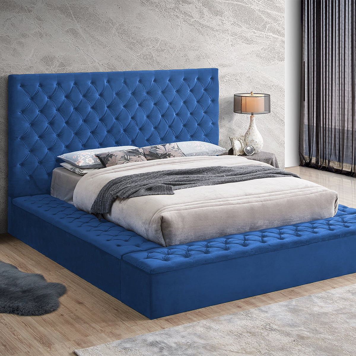 Blue Velvet Upholstered Platform King Bed Z743