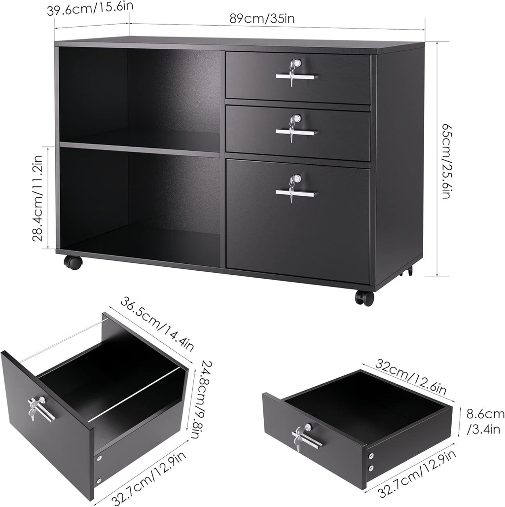 Black Wood Lateral File Cabinet with 3 Drawers and Lock T972
