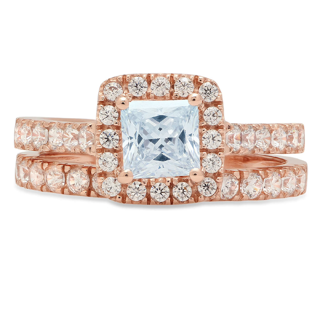 2.01 ct Princess Cut Blue Simulated Diamond 18k Rose Gold Ring Band Set Size 3.5 A162