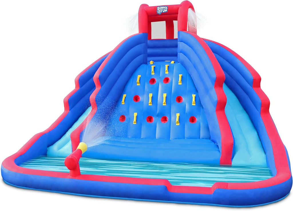 Inflatable Water Slide Park with Climbing Wall, Two Slides & Splash Pool, Nylon, with Air Pump & Carrying Case S674
