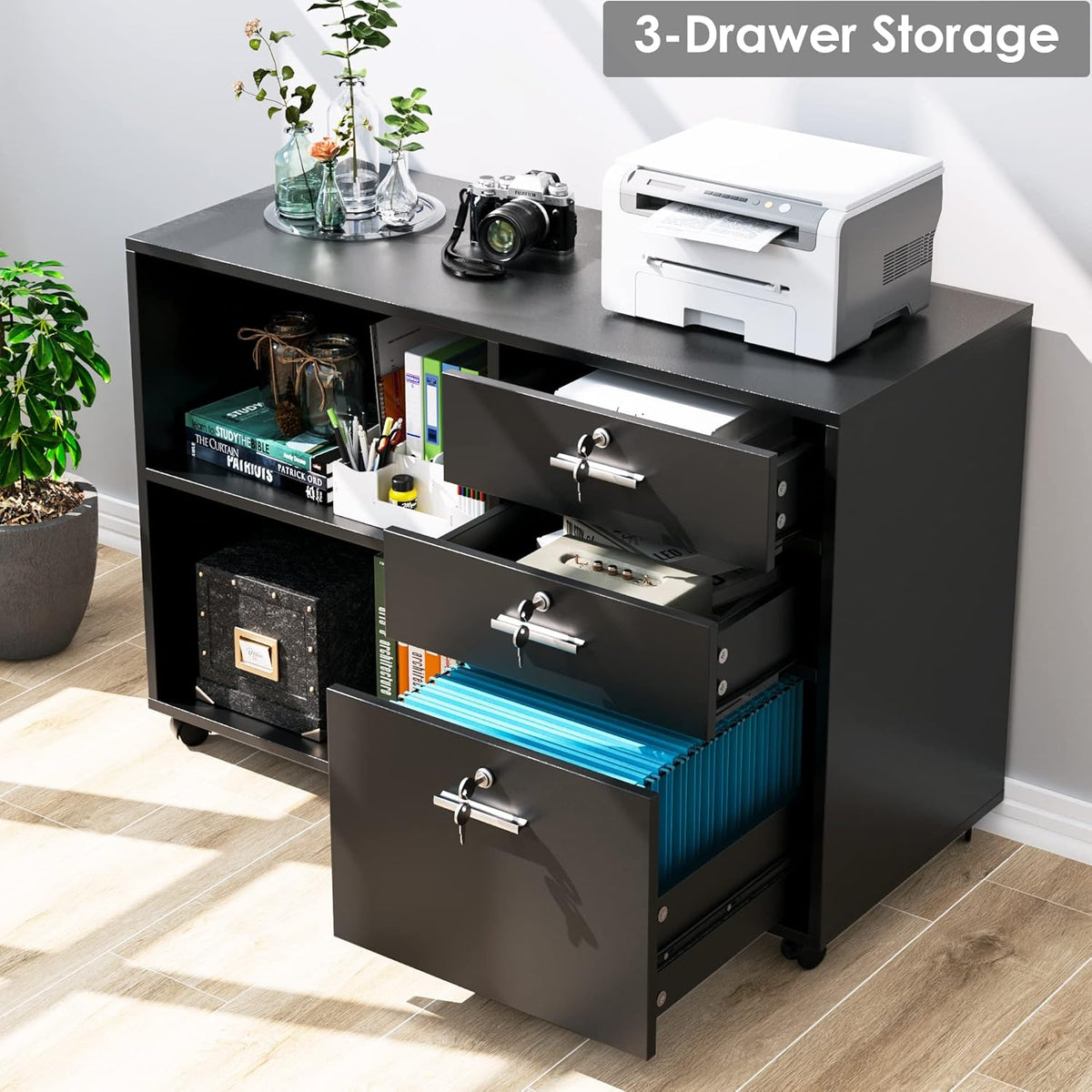Black Wood Lateral File Cabinet with 3 Drawers and Lock T972